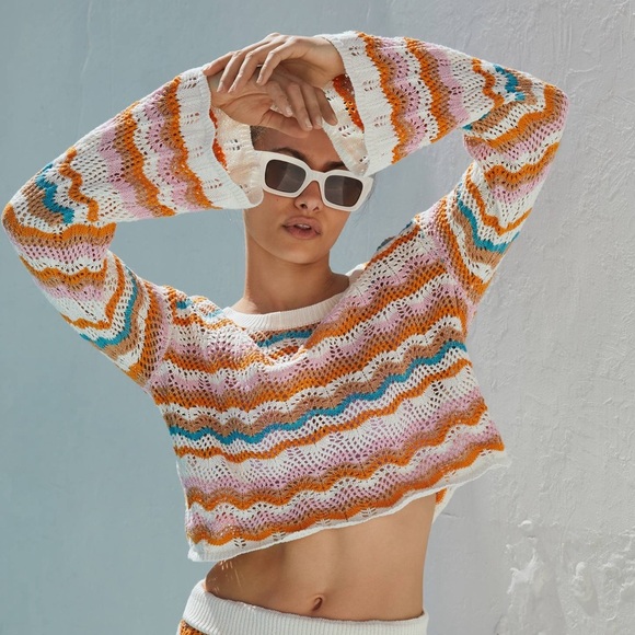 L*SPACE Sun Ray Crochet Crop Sweater in Daybreak Stripe - Size XL - Picture 4 of 4